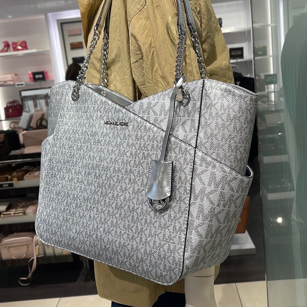 Michael Kors Jet Set Travel Large Chained Tote Shoulder Bag MK Silver - Picture 11 of 16
